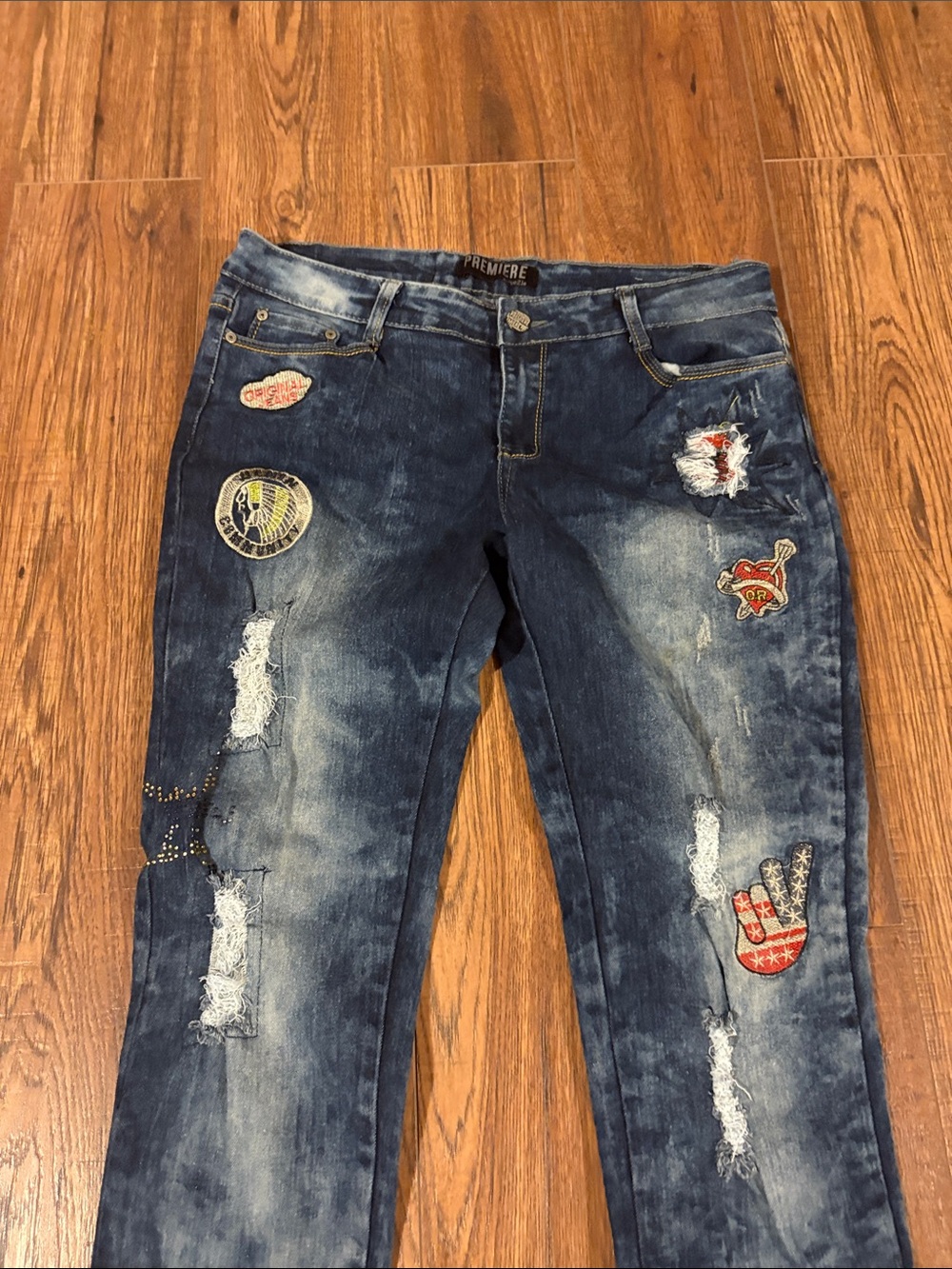 Premier Dark Blue Distressed Skinny Jeans with Patches